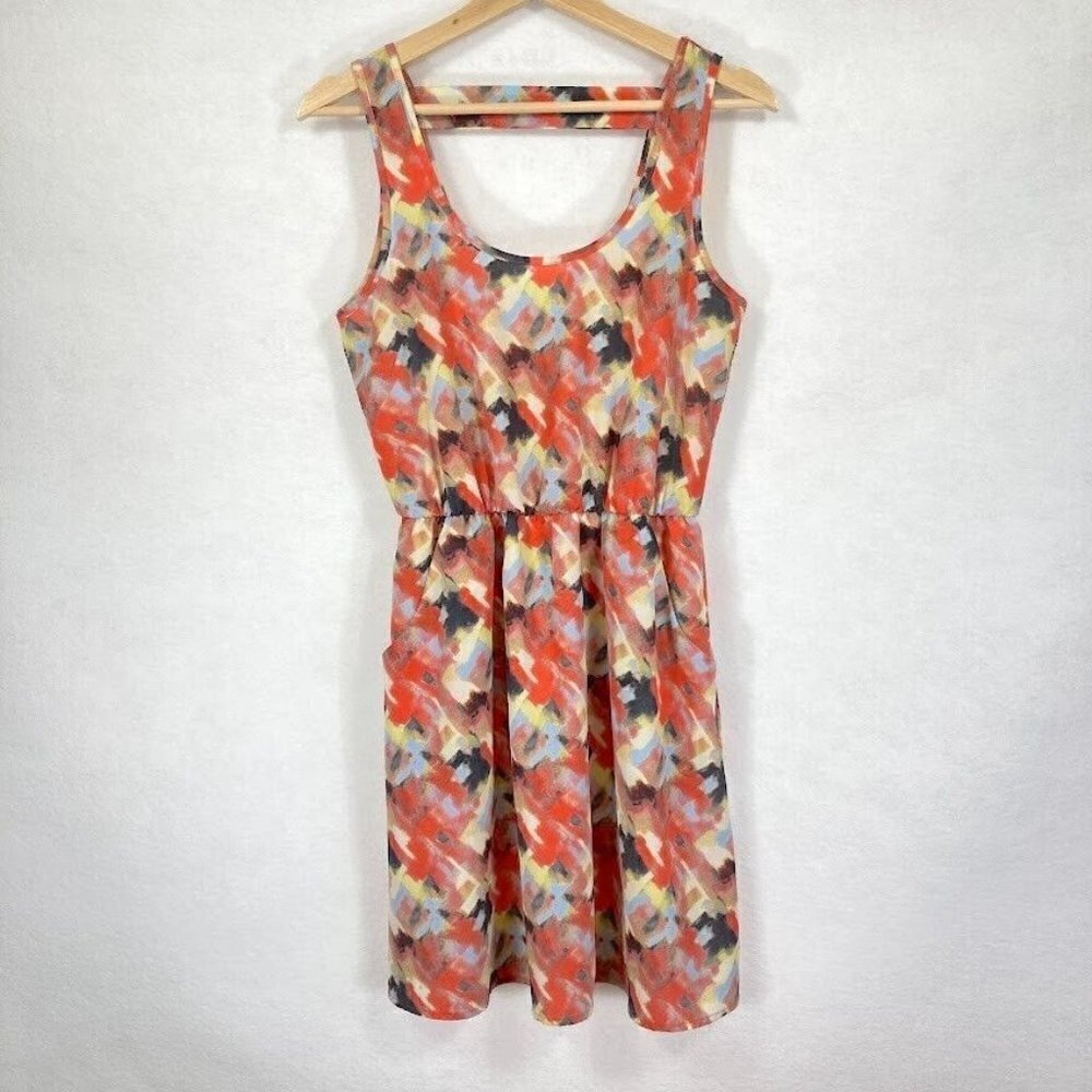 Lush Abstract Watercolor Sleeveless Dress Cut Out Back Coquette M
